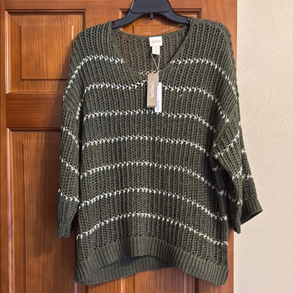 Chico's Green V-Neck Sweater with Silver Accents